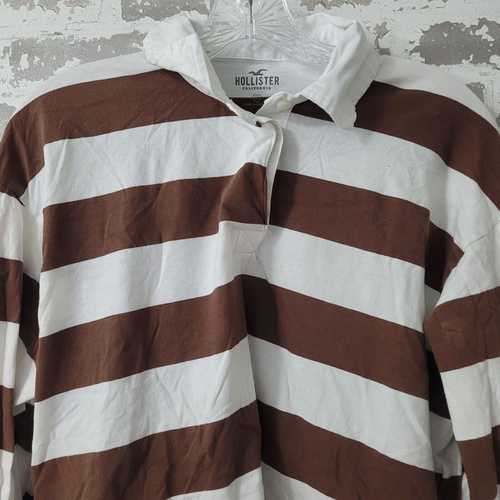 Hollister Womens Size Medium Striped Crop Top Long-Sleeve Collared Polo Brown